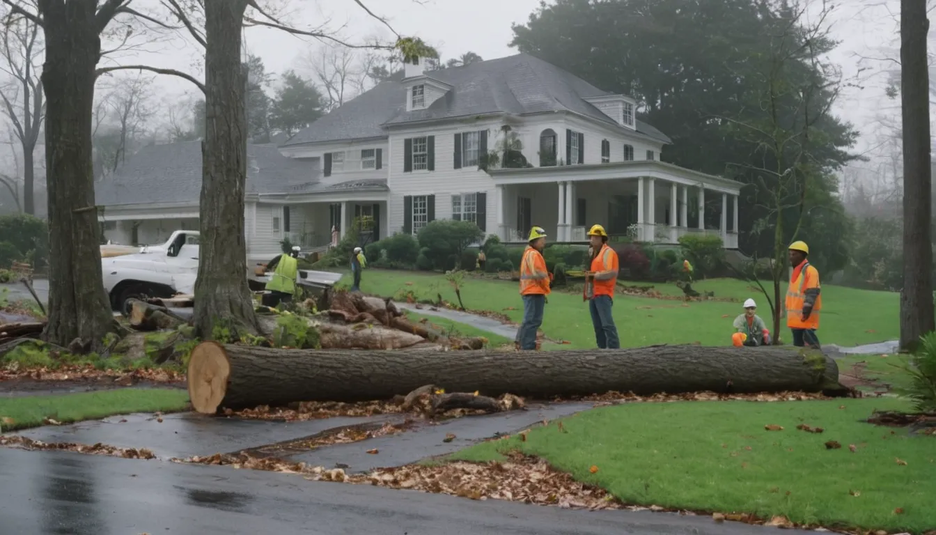 Fallen tree trunk across a driveway beside a colonial home in Poolesville after a storm, with a tree provider assessing it
